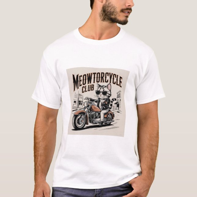 Meowtorcycle Club Biker Cat on Chopper Motorcycle  T-Shirt (Front)