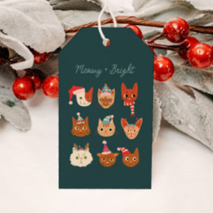 Meowy and Bright Cute Christmas Cats Green Gift Tags