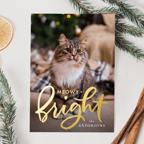 Meowy and Bright Script Cat Photo Foil Holiday Card