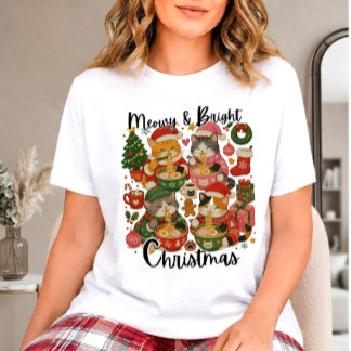 Meowy & Bright Christmas - Festive Cats and Ramen T-Shirt