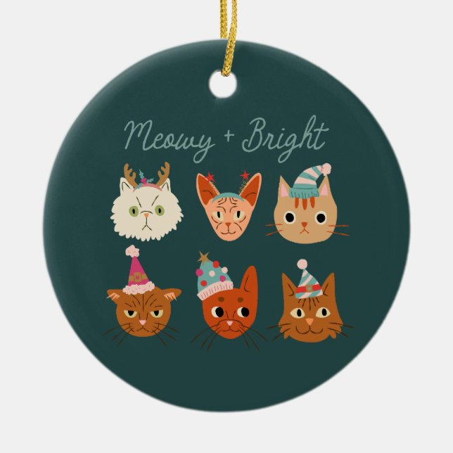 Meowy & Bright Cute Christmas Cats Ceramic Ornament (Front)