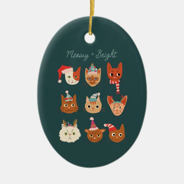 Meowy & Bright Green Christmas Cats Ceramic Ornament (Front)