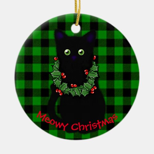 Meowy cat Christmas Red green Christmas wreath  Ceramic Ornament