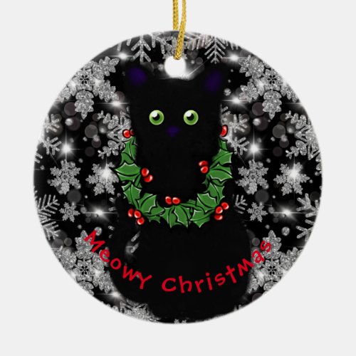 Meowy cat Christmas red green Holly wreath  Ceramic Ornament