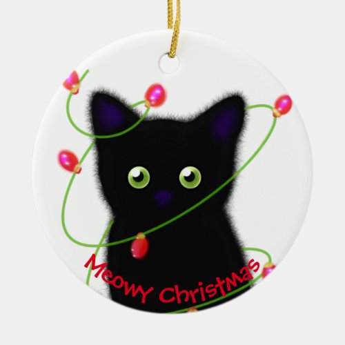 Meowy cat Christmas red green twinkle lights Ceramic Ornament
