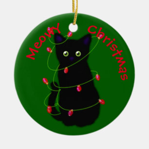 Meowy cat Christmas red green twinkle lights Ceramic Ornament