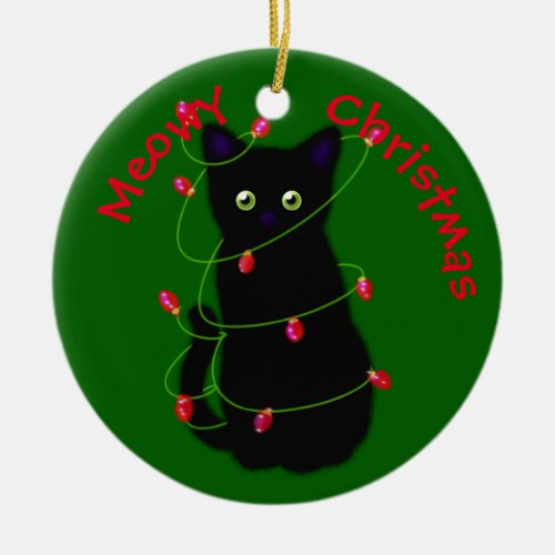 Meowy cat Christmas red green twinkle lights Ceramic Ornament