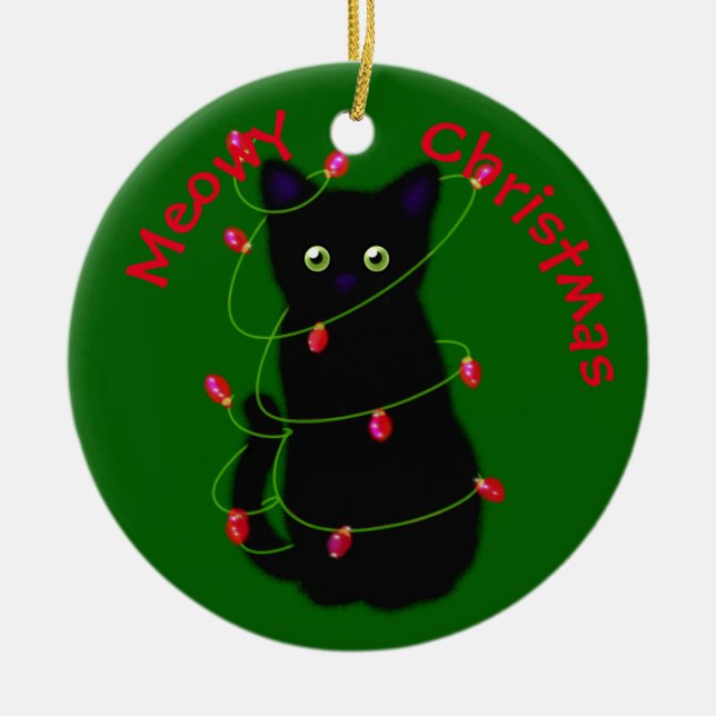 Meowy cat Christmas red green twinkle lights Ceramic Ornament (Front)