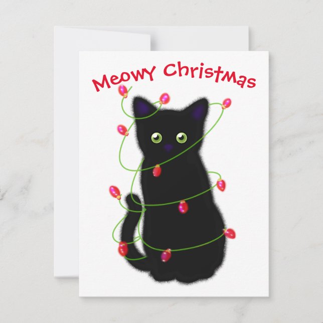 Meowy cat Christmas red green twinkle lights  Note Card (Front)