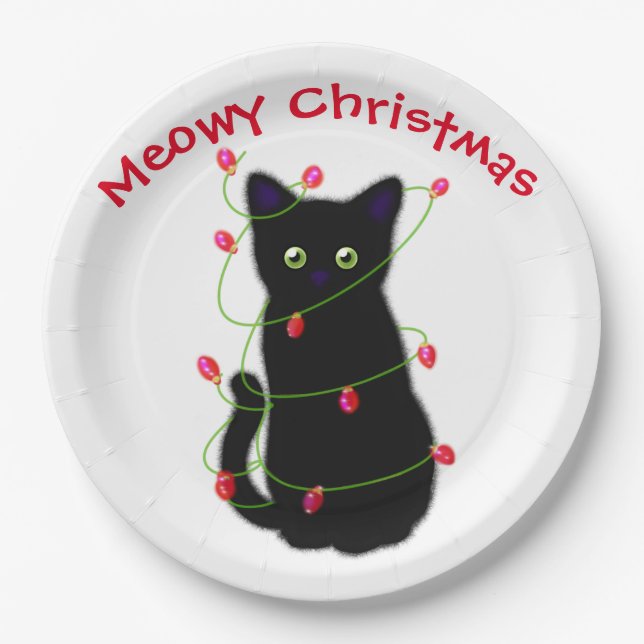 Meowy cat Christmas red green twinkle lights Paper Plates (Front)
