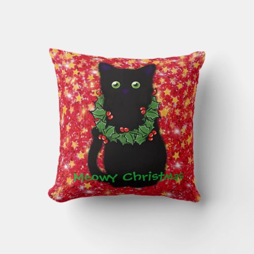 Meowy cat Christmas red green wreath sparkly  Throw Pillow