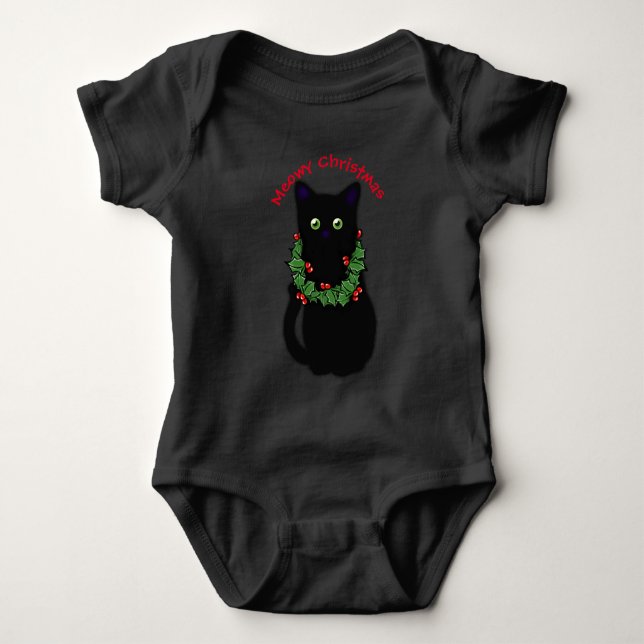 Meowy cat Christmas Red plaid holly berries Baby Bodysuit (Front)