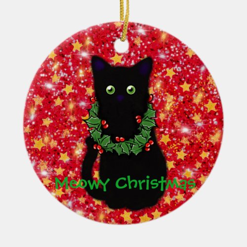 Meowy cat Christmas Red sparkle glitter Ceramic Ornament