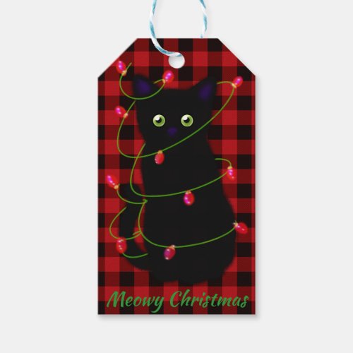 Meowy cat Christmas red twinkle lights red plaid Gift Tags