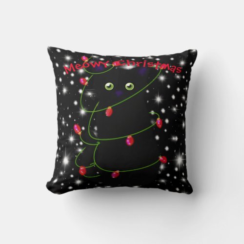Meowy cat Christmas red twinkle lights stars Throw Pillow