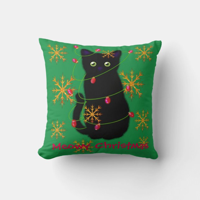 Meowy cat Christmas | sparkling  gold snowflakes Throw Pillow (Front)