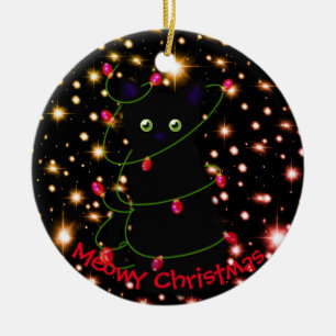 Meowy cat Christmas Twinkle lights Ceramic Ornament