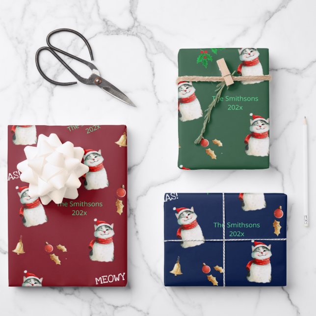 Meowy Cat Festive Personalized Christmas Wrapping Paper Sheets (Front)