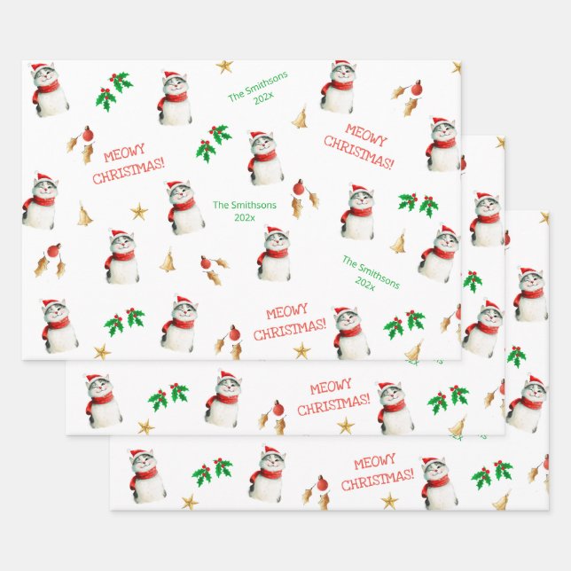 Meowy Cat Personalized Cute Christmas Wrapping Paper Sheets (Set)