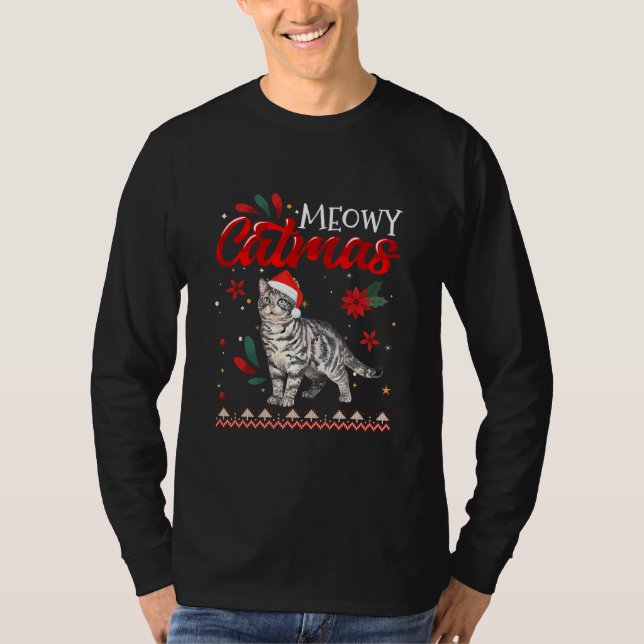 Meowy Catmas American Shorthair Cat Christmas T-Shirt (Front)