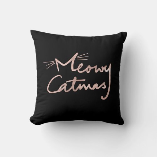 Meowy Catmas Black and Rose Gold Cat Christmas Throw Pillow