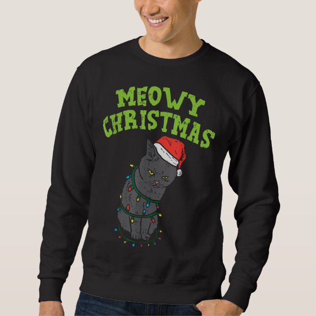 Meowy Catmas Black Cat Funny Christmas Xmas Cat Ow Sweatshirt (Front)