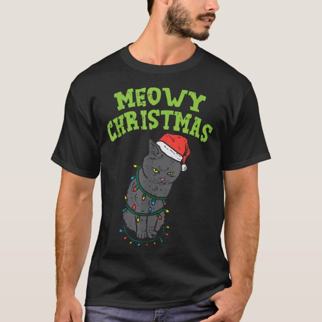 Meowy Catmas Black Cat Funny Christmas Xmas Cat Ow T-Shirt (Front)