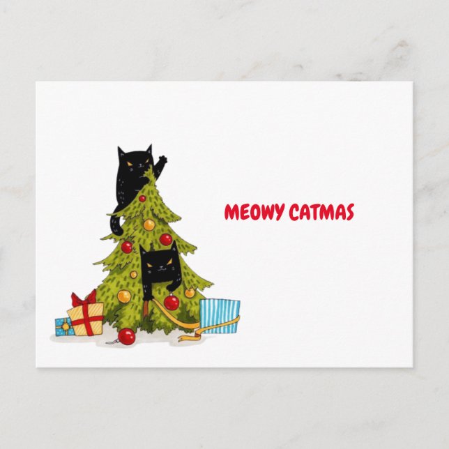Meowy Catmas Black Funny Cats Christmas Postcard (Front)