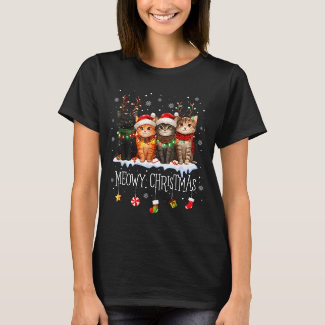 Meowy Catmas Cat Christmas Cute Kitten Cats Santa  T-Shirt (Front)