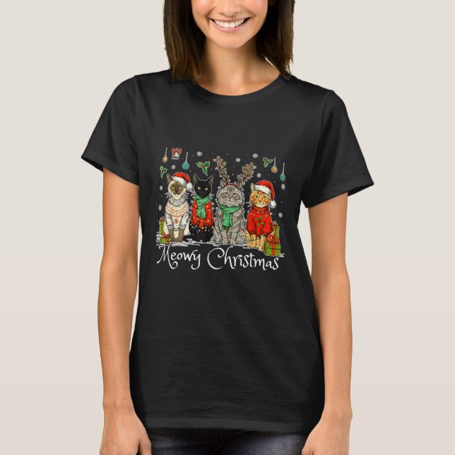 Meowy Catmas Cat Christmas Cute Kitten Cats Santa  T-Shirt (Front)