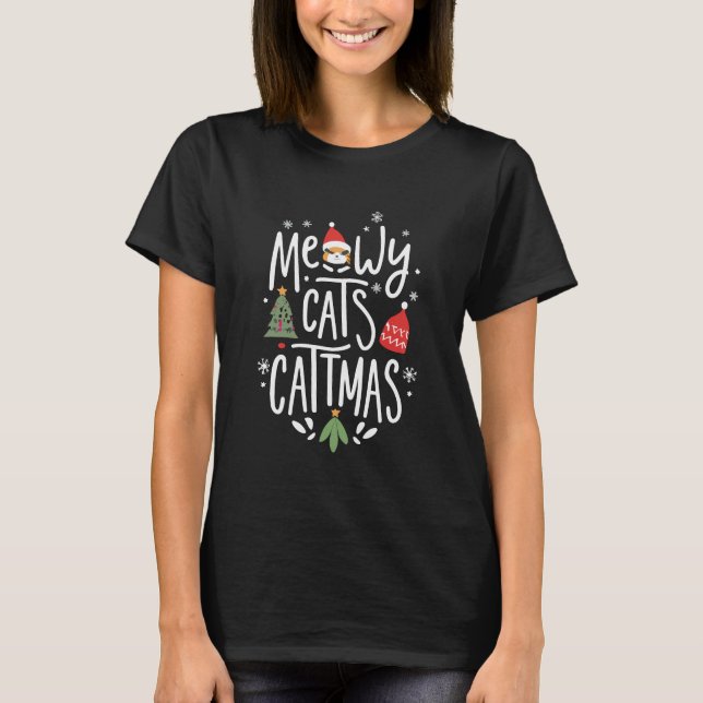 Meowy Catmas Cat Christmas Girls Boys Funny T-Shirt (Front)