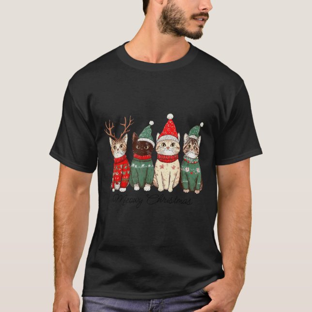 Meowy Catmas Cat Christmas Lights Xmas Pajamas Cat T-Shirt (Front)