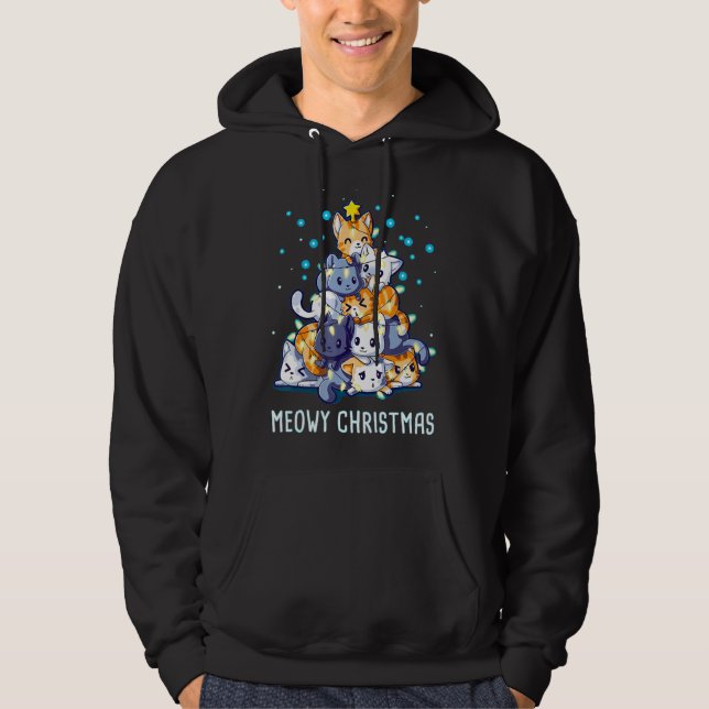 Meowy Catmas Cat Christmas Tree Lights Cat  Xmas P Hoodie (Front)