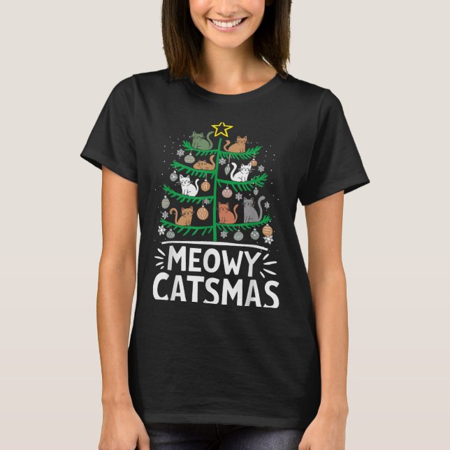 Meowy Catmas Cat Christmas Tree Xmas Funny Santa C T-Shirt (Front)