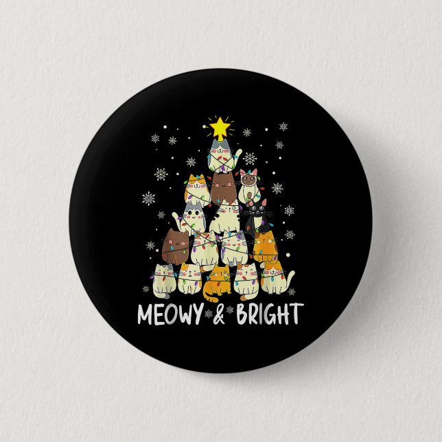 Meowy Catmas Cat Christmas Tree Xmas Girls Boys Fu Button (Front)