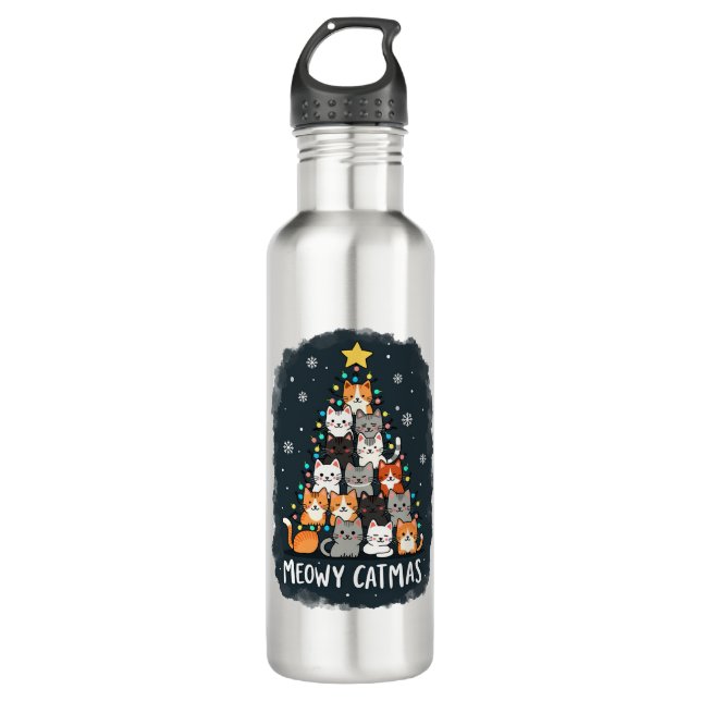 Meowy Catmas Cat Christmas Tree Xmas Girls Boys Fu Stainless Steel Water Bottle (Front)