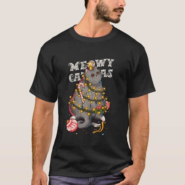 Meowy Catmas Cat Christmas Tree Xmas Girls Boys Fu T-Shirt (Front)