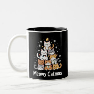 Meowy Catmas Cat Christmas Tree Xmas Santa  Two-Tone Coffee Mug