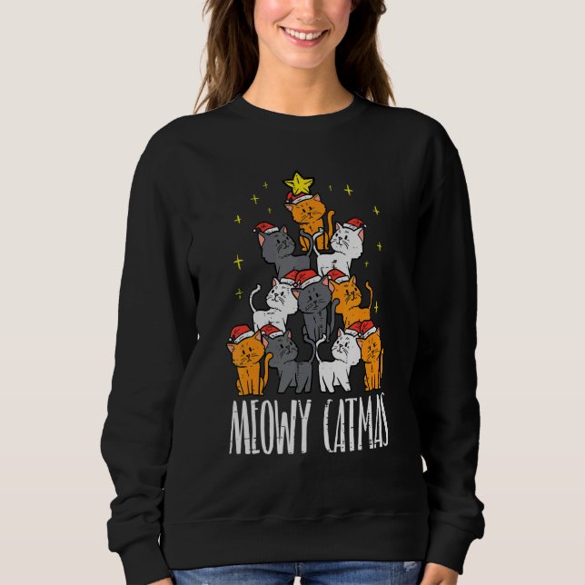 Meowy Catmas Cat Christmas Tree Xmas Women Girls Sweatshirt (Front)