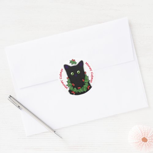 Meowy Catmas cat drawing Holly berries Christmas Classic Round Sticker