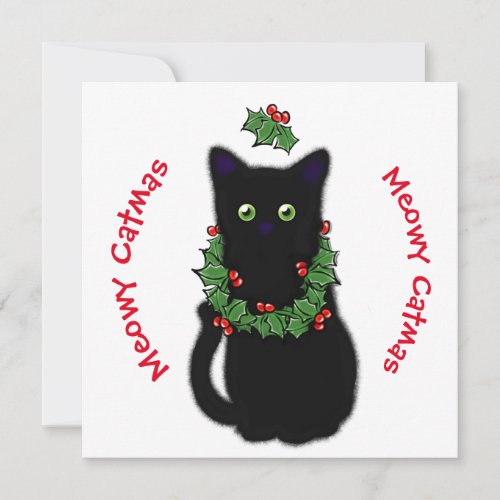 Meowy Catmas cat drawing Holly berries Christmas Invitation
