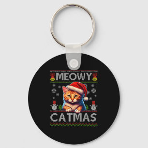 Meowy Catmas Cat Santa Christmas Kitten Xmas Ugly  Keychain