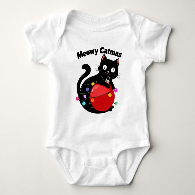 Meowy Catmas - Cat with Christmas ornament Baby Bodysuit (Front)