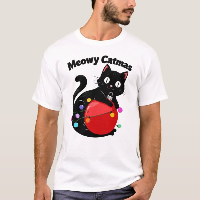Meowy Catmas - Cat with Christmas ornament T-Shirt (Front)