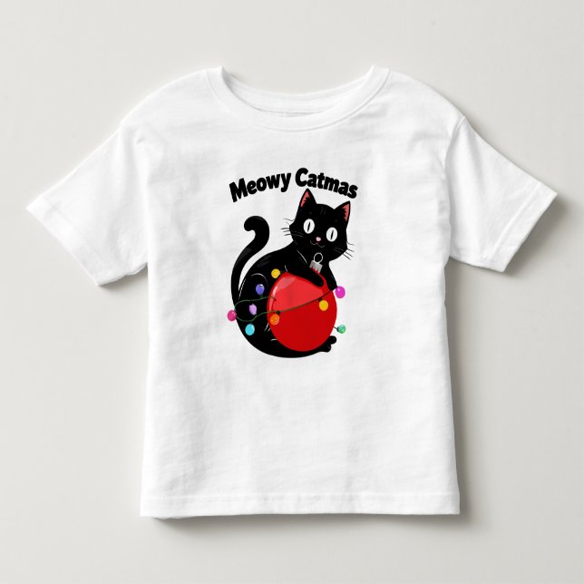 Meowy Catmas - Cat with Christmas ornament Toddler T-shirt (Front)