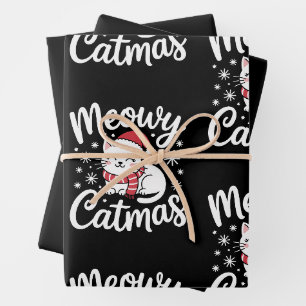 Meowy Catmas Christmas Cat Santa Hat Scarf Xmas Wrapping Paper Sheets