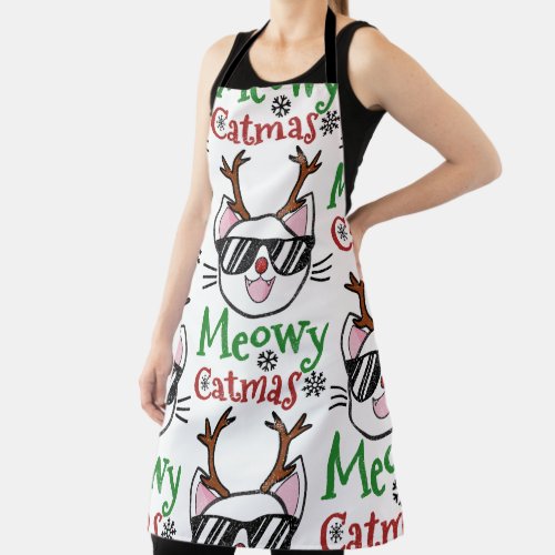 Meowy Catmas Christmas Kitty Cat Red Nose Reindeer Apron