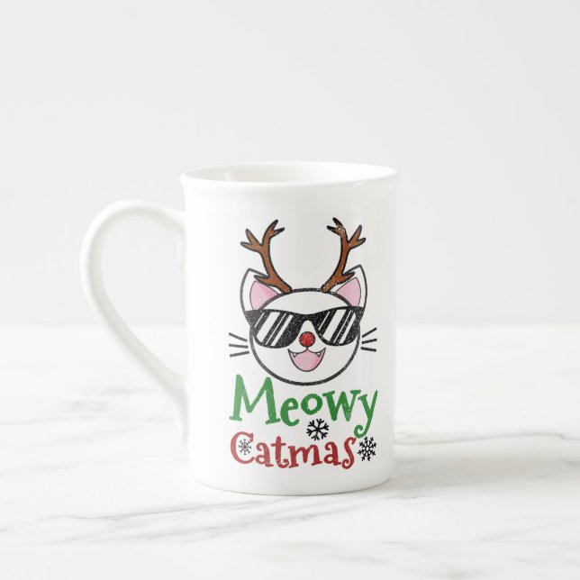 Meowy Catmas Christmas Kitty Cat Red Nose Reindeer Bone China Mug (Left)