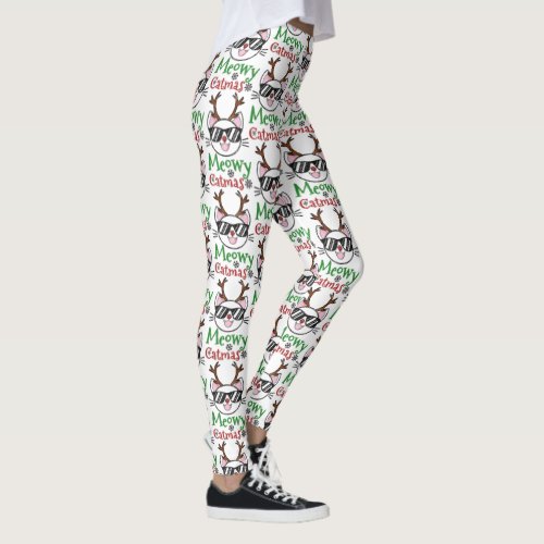 Meowy Catmas Christmas Kitty Cat Red Nose Reindeer Leggings