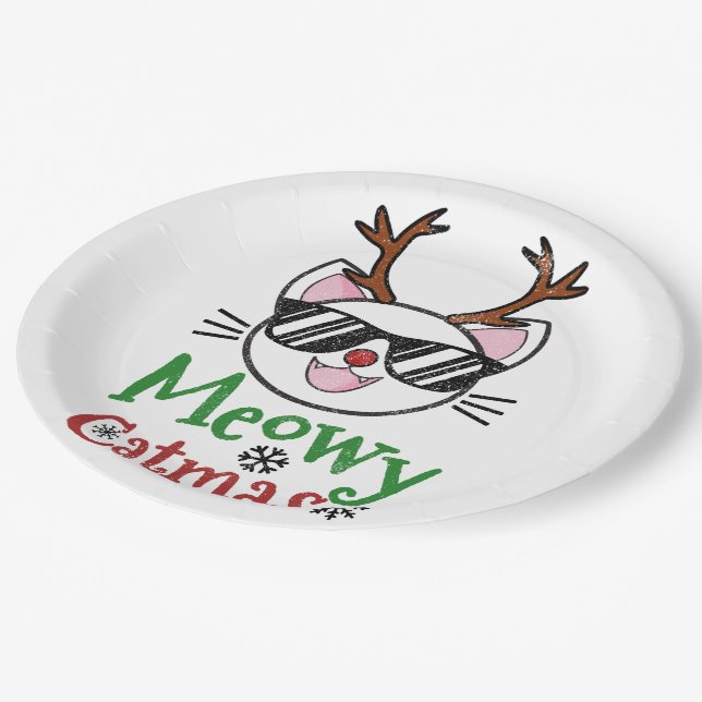 Meowy Catmas Christmas Kitty Cat Red Nose Reindeer Paper Plates (Angled)